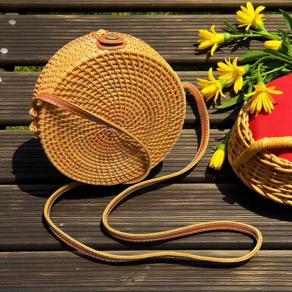 Handwoven Bali Round Rattan Bag Printed Floral Cotton Lined Leather Trimmed